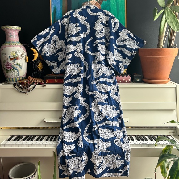 Vintage 70s Dragon Print Belted Kimono Robe OS Unisex Full Length Navy Cotton - Picture 5 of 12